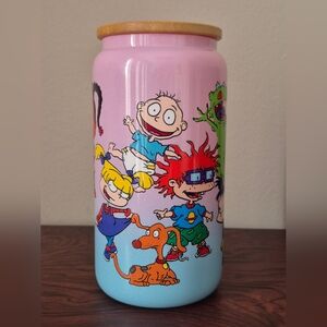 Rugrats fun pink blue glitter glass tumbler, wooden lid, reusable straw 16oz